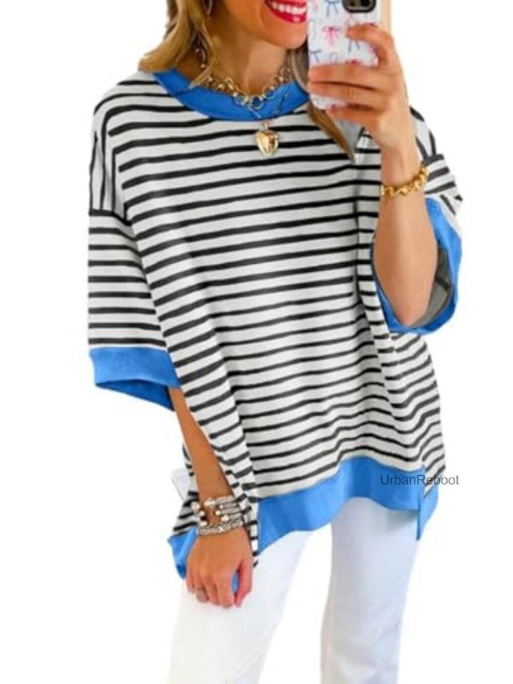Oversized Striped Sweatshirt Women's Crewneck High Low Short Sleeve